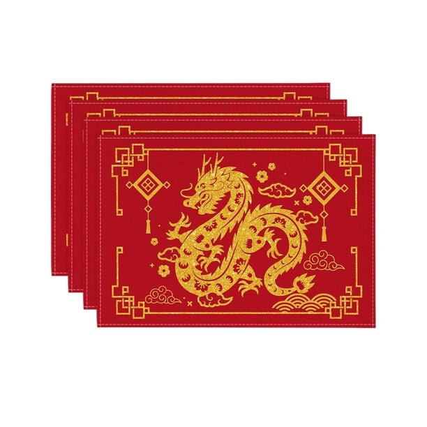 Manteles Individuales De Año Nuevo Chino, 4 Unidades, Manteles Individuales Para Suministros De Fiesta, Interior Y Exterior, Oro Rojo