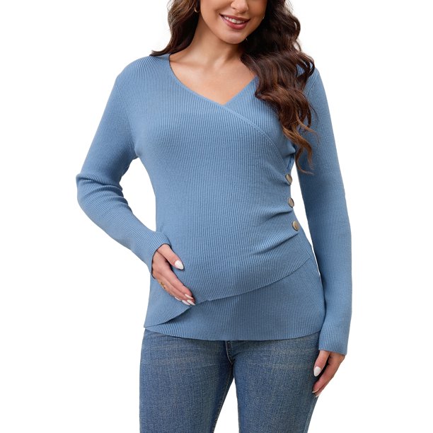 INSPIRE CHIC Camiseta de Maternidad de Manga Larga para Mujeres Cuello en V Tops Ajustados para Lactancia Camisetas de Enfermería Fruncidas M Azul