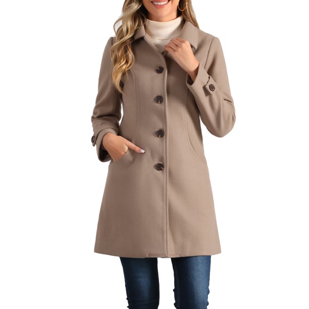 INSPIRE CHIC Abrigo de Invierno para Mujer con Cuello Peter Pan, Corte en Línea A, Largo hasta el Muslo, con Botonadura Simple, Talla S, Color Caqui Topo