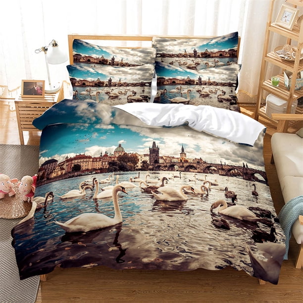 x1408 Bed SheetsWhite Swan Digital Bedding Sets Home Bedclothes Super Cover Pillowcase Comforter Textiles Bedding Set bed cover set 3-Piece Bedding Set (1 Duvet Cover + 2 Pillow Shams) nj1408
