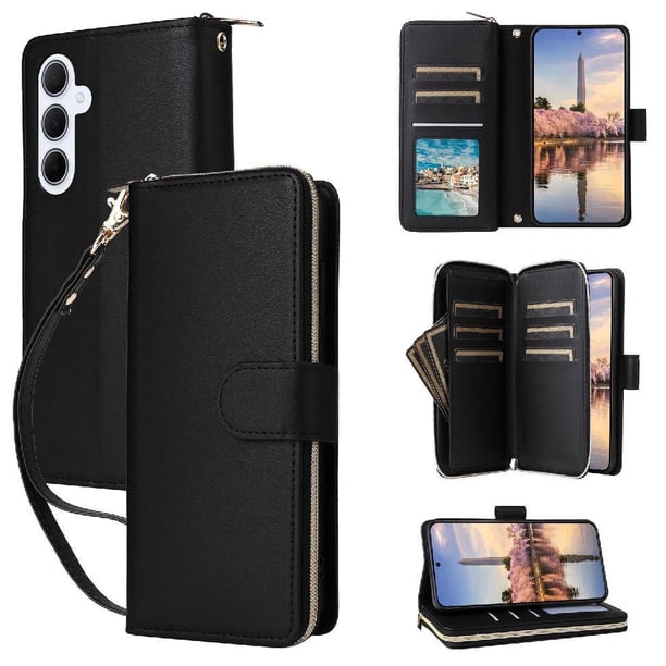 Funda Cartera con Cremallera y Correa para Samsung Galaxy A35 5G Soporte y Tarjetero Negro