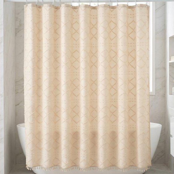 REGALWOVEN Conjunto de Cortinas de Ducha con Textura Geométrica 3D y Borlas, Cortina de Baño Impermeable con 12 Ganchos, Decoración Bohemia Beige 72"W x 72"L