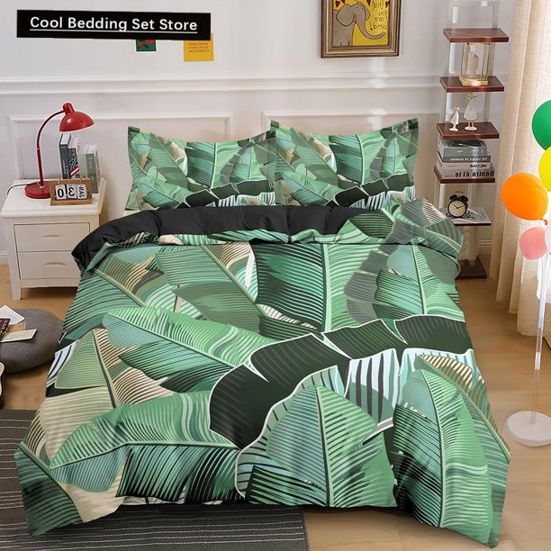 x626 Bed SheetsNature Tropical Green Leaves Bedding Set Rainforest Jungle Plant Duvet Cover Botanical Polyester Comforter Cover 3-Piece Bedding Set (1 Duvet Cover + 2 Pillow Shams) nj626
