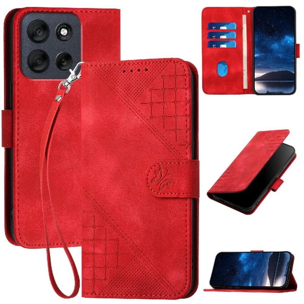Funda Flip Premium Fibra de Carbono para Motorola MOTO G56 con Soporte y Cierre Rojo