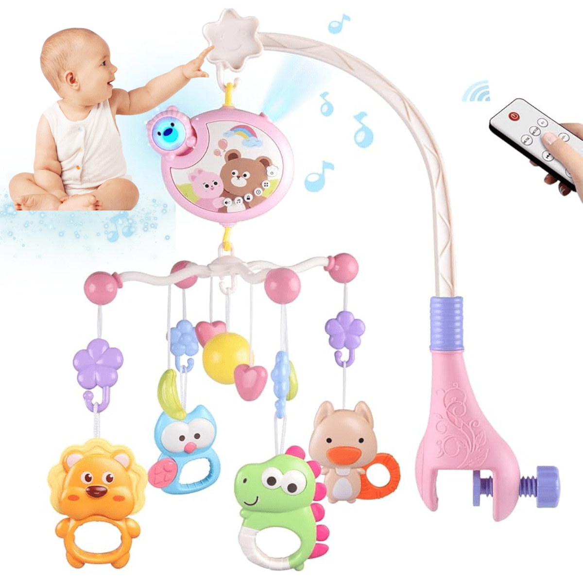 Genérica - Móvil Musical Para Cuna Proyector Luces Y Sonidos Bebé Rosa