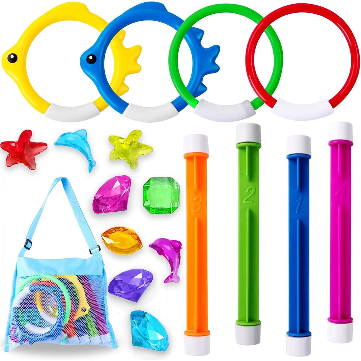 Set Juguetes Piscina Yujun 18pcs Aros Palos Gemas Acuaticos