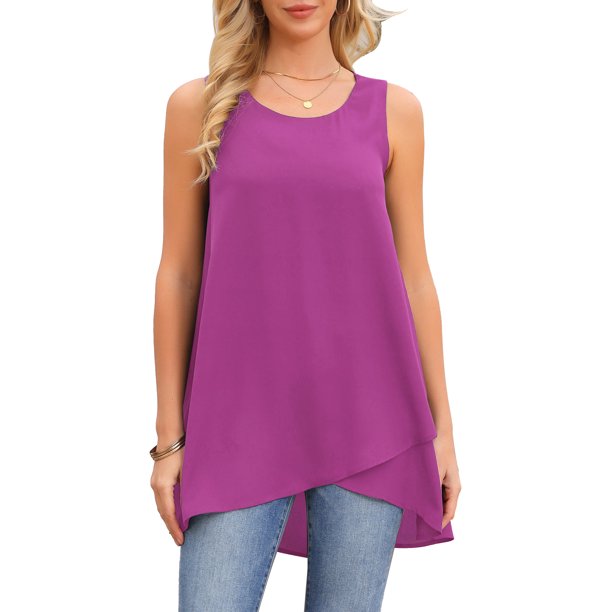 INSPIRE CHIC Blusa sin mangas de gasa casual de mujer para el regreso a clases, cuello redondo, asimétrica, holgada, de verano, talla XL, color púrpura oscuro