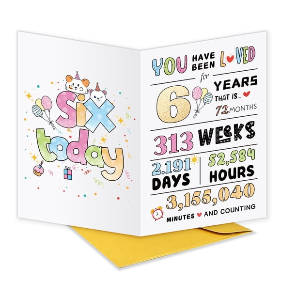 Tarjeta de cumpleaños UUEFKTN, bonita y feliz de 6 años para niñas y niños