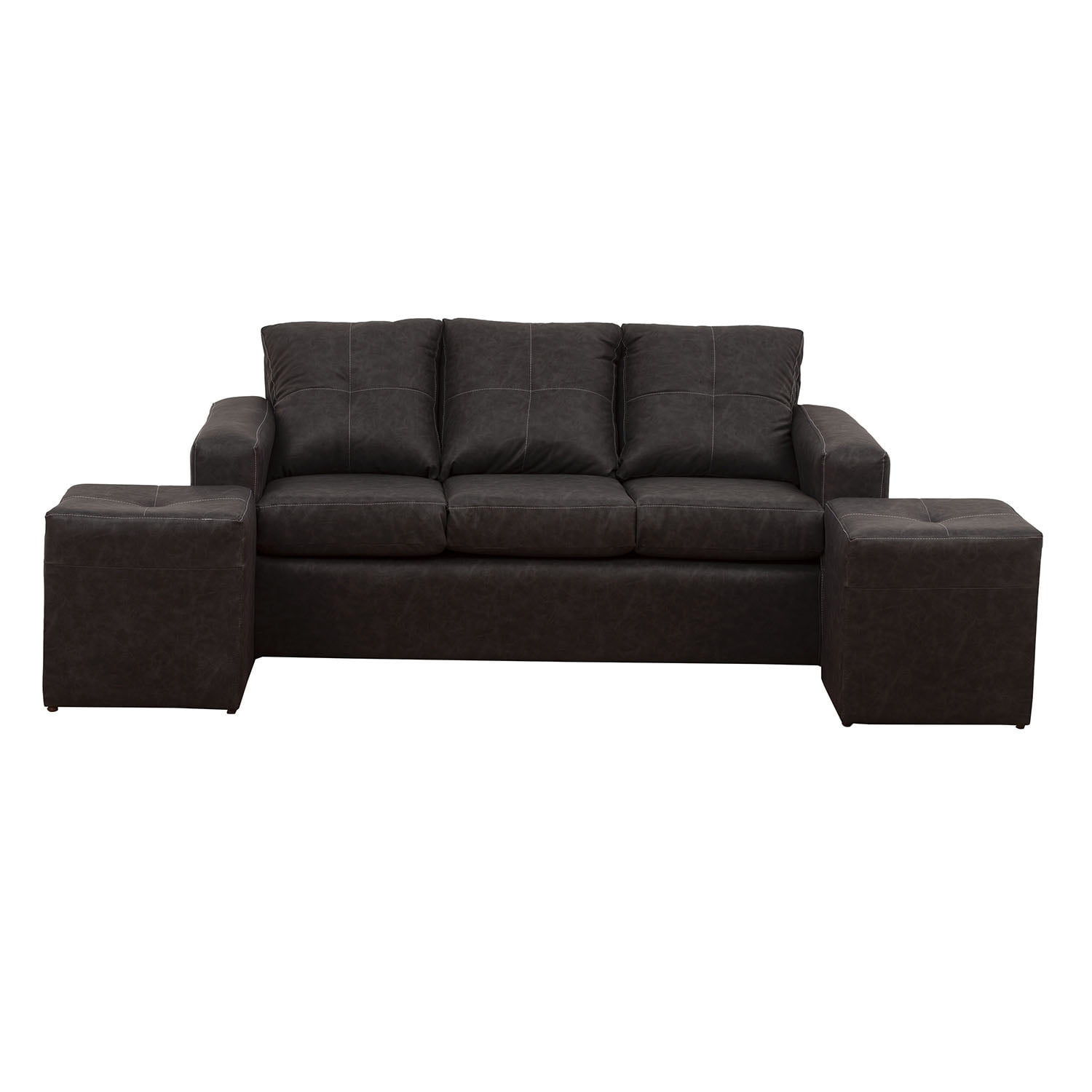 Muebles América - Living Emilia Sofá 3 Cuerpos + 2 Pouf Cuero Auris Negro