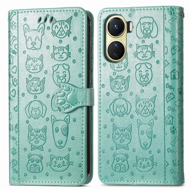 Funda Cartera FOXDOCK para VIVO Y16 , Flip PU con Relieve de Gatos y Perros, Tarjetero y Soporte