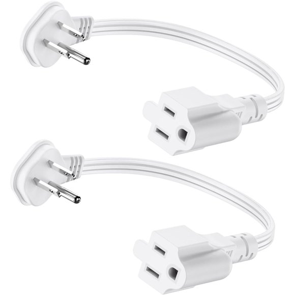 Flat Plug 1Ft Short Extension Cord, White 90Degree Plug Low
