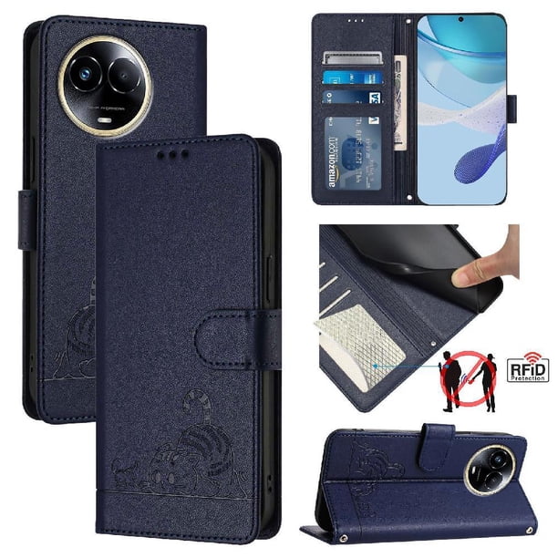 Funda tipo cartera FOXDOCK para Realme 11 5G/Realme 11X 5G con soporte, ranuras, RFID, diseño de gato