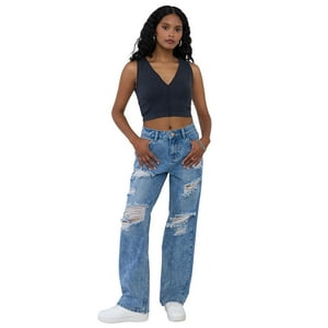 Jeans Mujer Straight Fit Full Roturas Azul Claro Corona