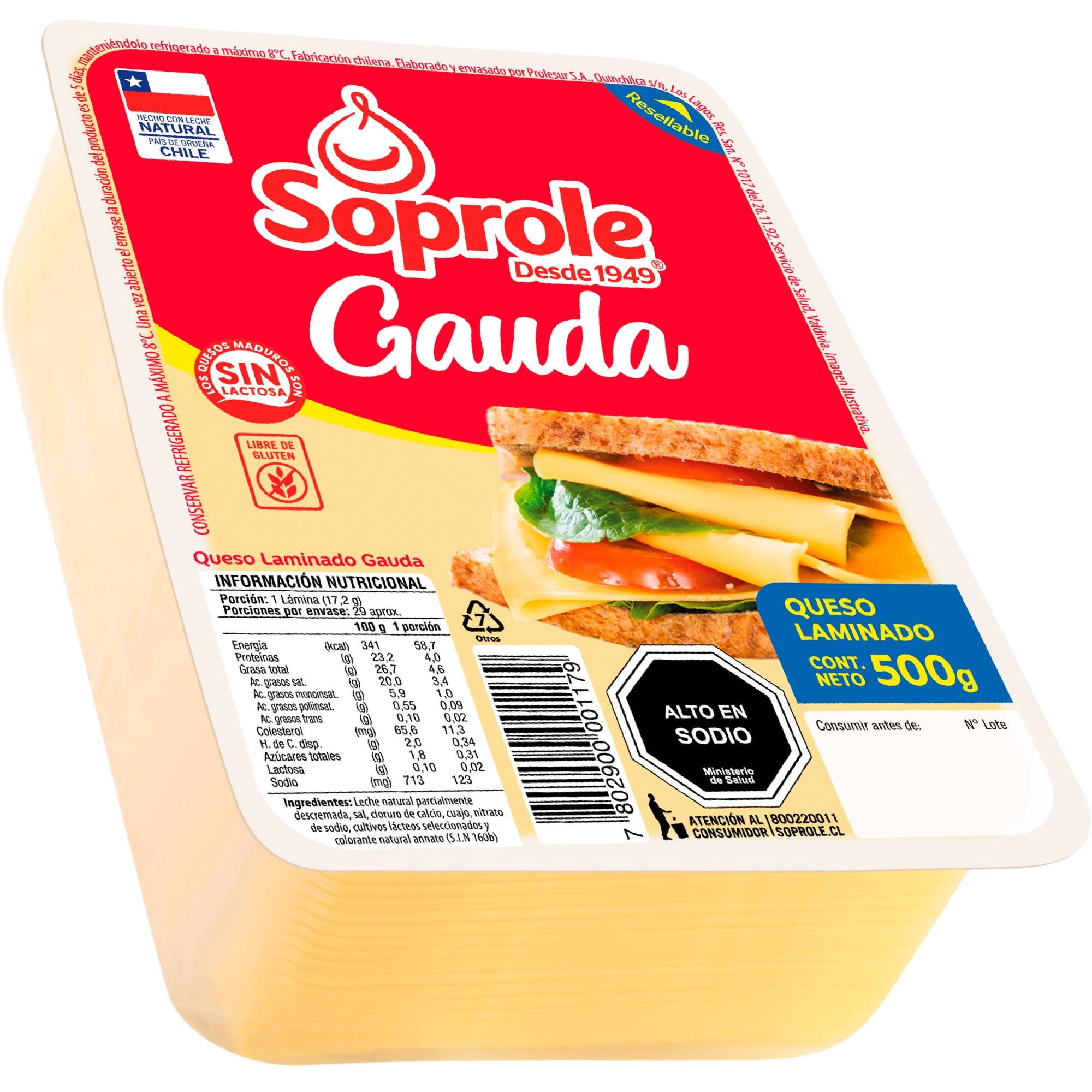 Queso Gauda Laminado Resellable 500 g Soprole