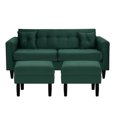 Bodevir - Sofa New Retro 3C + 2 Pouf Felpa 00 Verde Botella