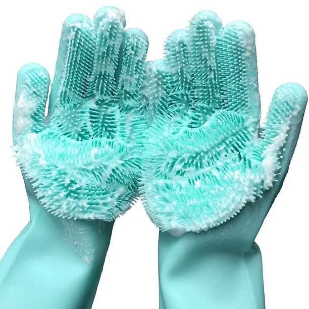 Guantes de esponja para lavar platos, de silicona, reutilizables, resistentes al calor, para limpieza del hogar, cocina, baño, lavado de coches. 1 par.