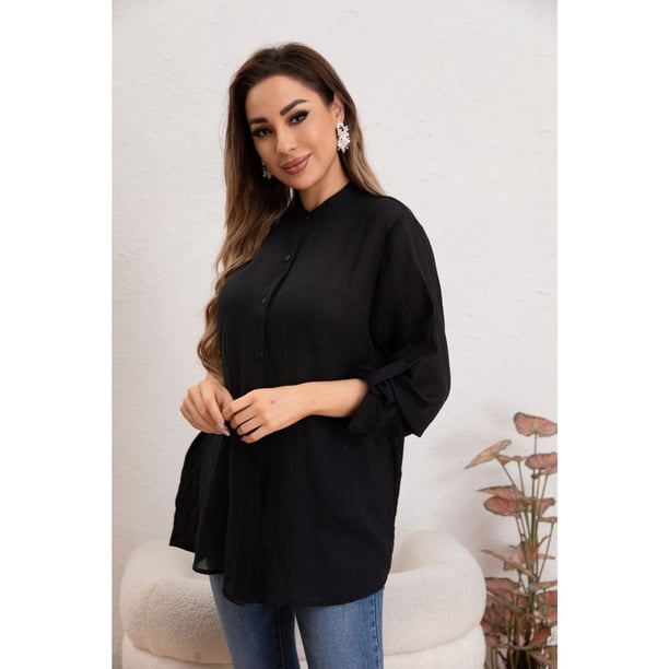 Blusa Mujer Lino Algodón Premium Liviana manga Larga Cuello Mao 8055