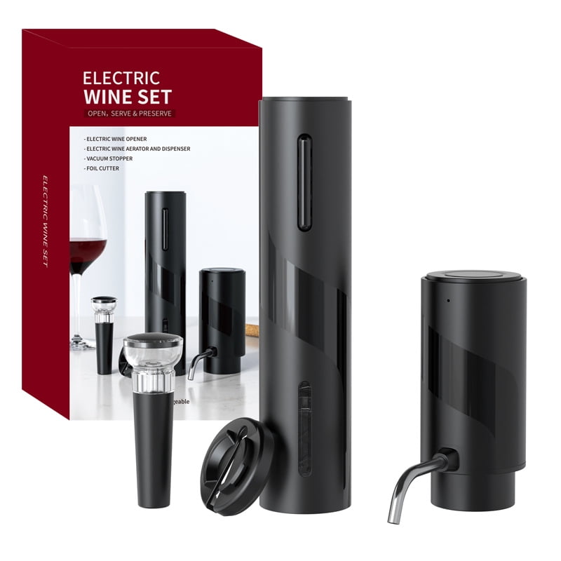 Xusx111 - Conjunto De Vino Recargable Con Cortador De Lámina, Abridor De Vino Eléctrico, Aerador De Vino Eléctrico 2in-1 Y Vertidor, Bomba De Vacío Eléctrica Y Tapones De Vino, Negro