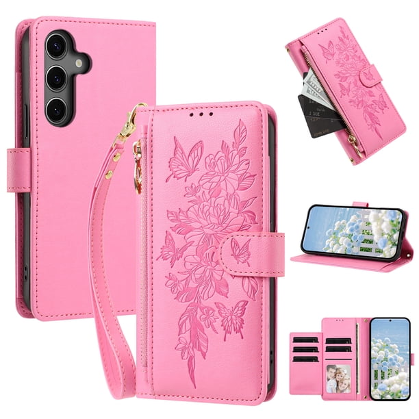 Funda Billetera Floral en Relieve samsung galaxy S25 FE con Tarjetero y Cremallera Rosa