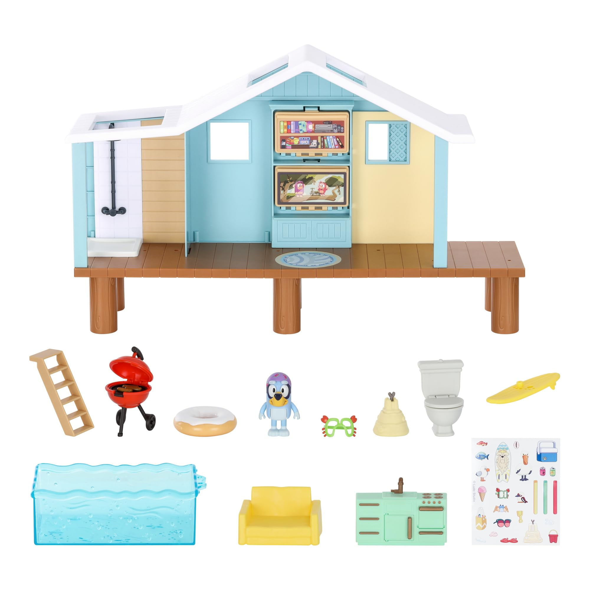 Playset Bluey Beach Cabin Con Figura Exclusiva Y 10 Piezas