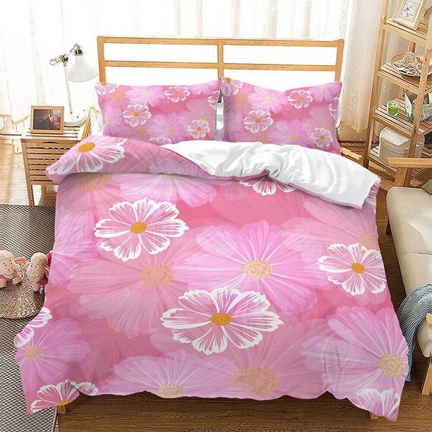 Peach Blossom Pink Flowers Floral Print Quilt Duvet Cover Set Bed Linen3-Piece Bedding Set