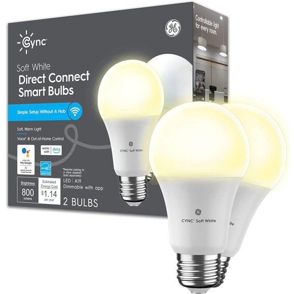 Bombillas LED inteligentes GE CYNC A19, color blanco suave de 9 W (paquete de 2)