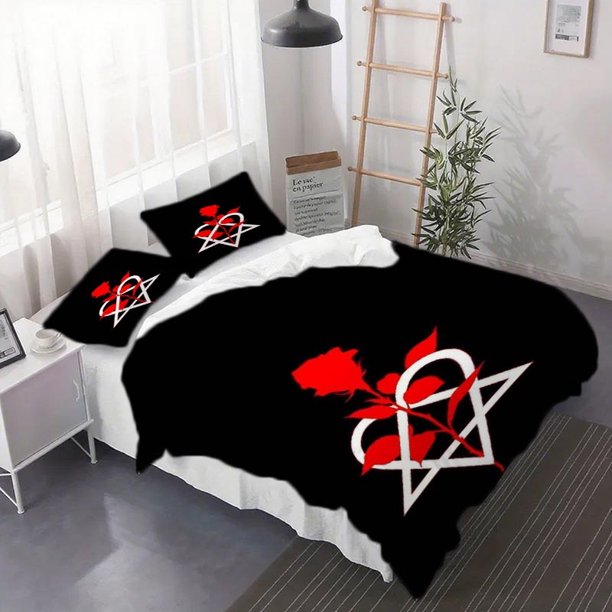 Three-Piece Gothic Rose and Heartagram Art Printed Duvet Cover Set Duvet Cover + Pillowcases