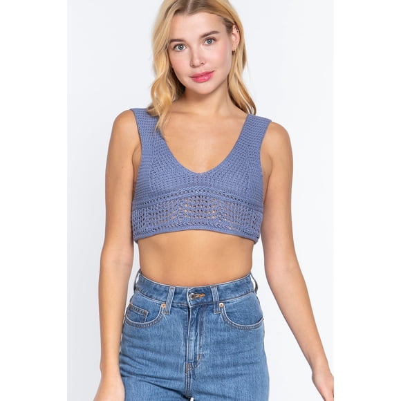 Top CCwholesalesclothings Textured Crop Sweater Tank Top Azul Medio