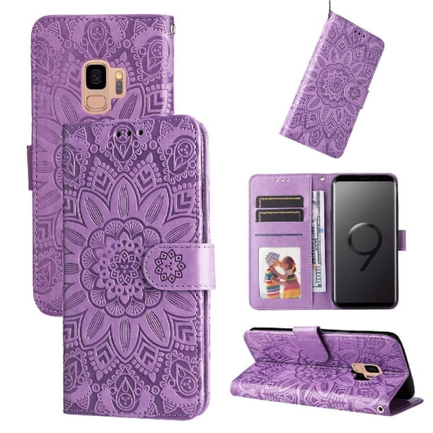 Funda tipo cartera FOXDOCK para Samsung Galaxy S9 , diseño girasol en relieve, cuero PU, cierre magnético, soporte y tarjetero