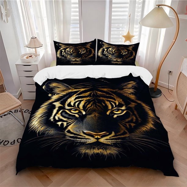 Golden Tiger Bedding - Includes One Quilt Cover and Two Pillowcases (No Core) - Home Decor Festival Gift Polyester Fabric Anime Cartoon Design Suitable for Bedr