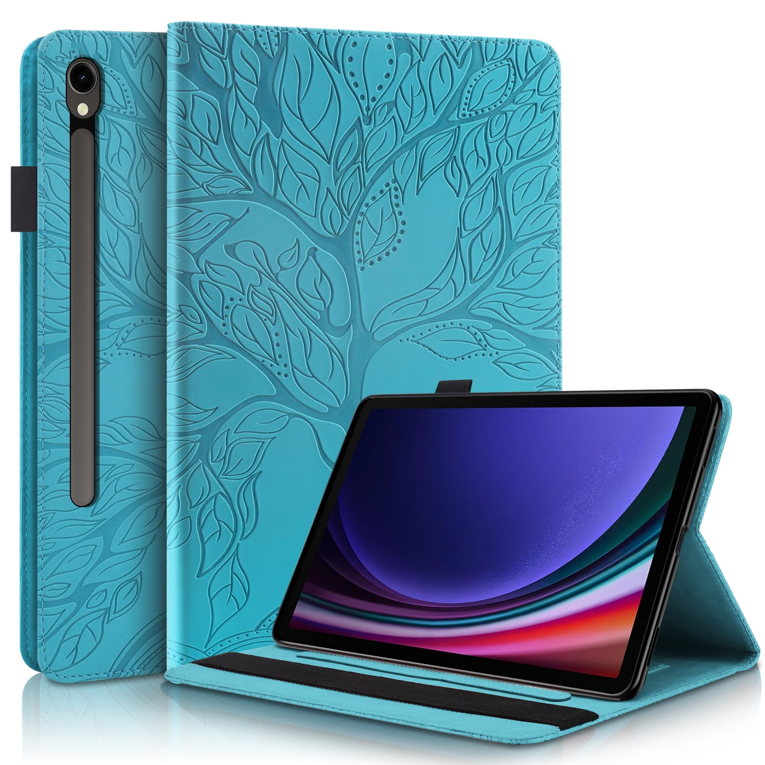 Foxdock - Funda Con Relieve Del Árbol De La Vida Para Tablet Samsung Galaxy Tab S10 Fe Plus(2025) Con Soporte, Ranuras Para Tarjetas Y Soporte Para Lápiz Óptico. Azul