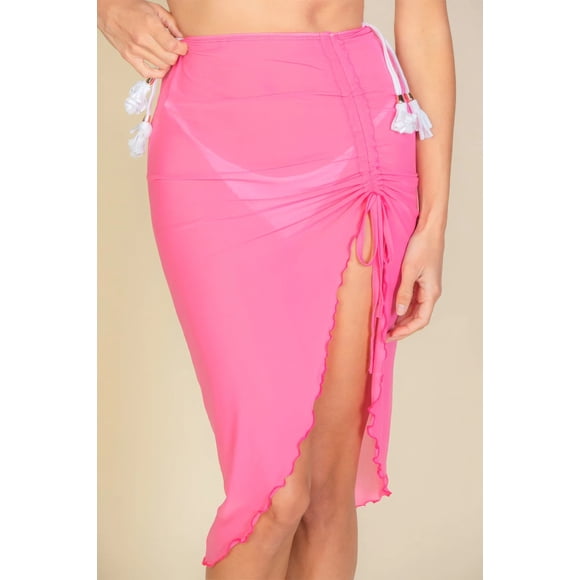 Saronite Falda de Punto Fruncido de Alta Elasticidad con Cordón Ajustable y Encaje de Malla Transparente, Color Fucsia (para Mujer)