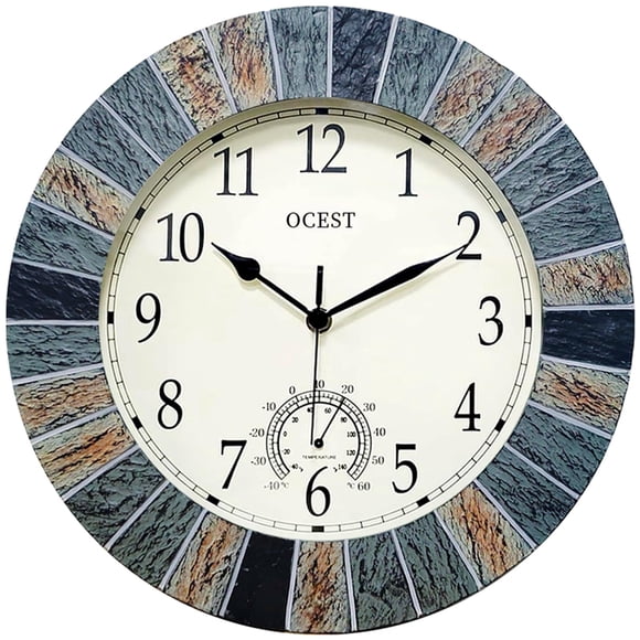Reloj de pared exterior OCEST de 33 cm, resistente al agua, con termómetro, color café