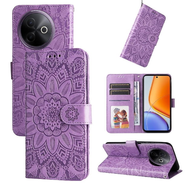 Funda tipo cartera FOXDOCK para Vivo Y39 5G , diseño girasol en relieve, cuero PU, cierre magnético, soporte y tarjetero