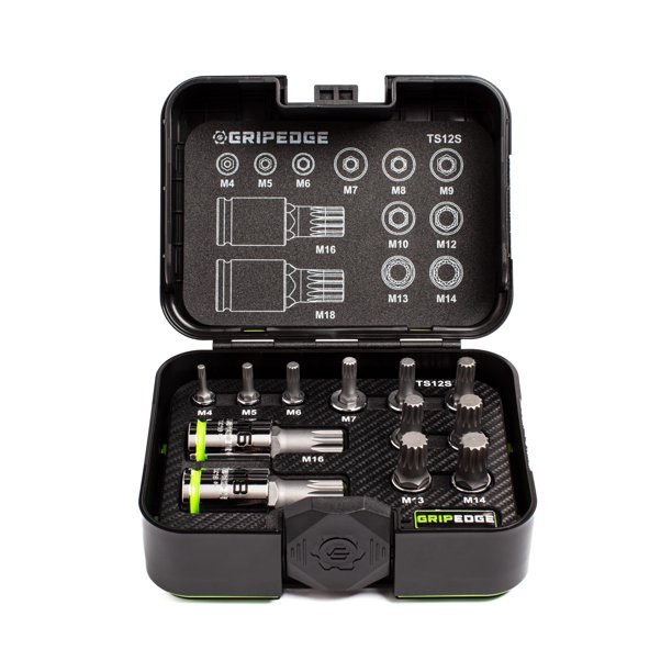 GripEdge | Juego de 12 vasos RPT de 1/4, 3/8 y 1/2" para carraca – tamaños M4-M18 – Estuche de plástico premium con inserto de espuma