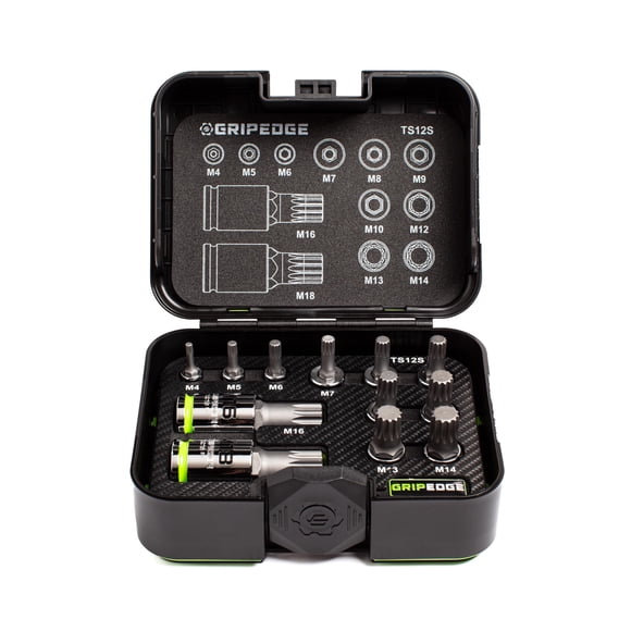 GripEdge | Juego de 12 vasos RPT de 1/4, 3/8 y 1/2" para carraca – tamaños M4-M18 – Estuche de plástico premium con inserto de espuma