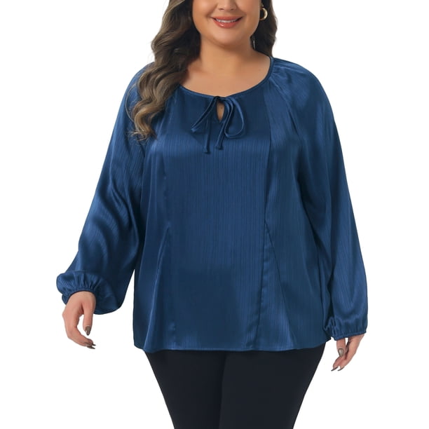 Agnes Orinda Conjuntos de Halloween para Mujeres Blusas de Talla Grande con Lazo Frontal y Abertura Manga Larga Camisa Elegante 2025 Blusa de Otoño 4X Azul Marino