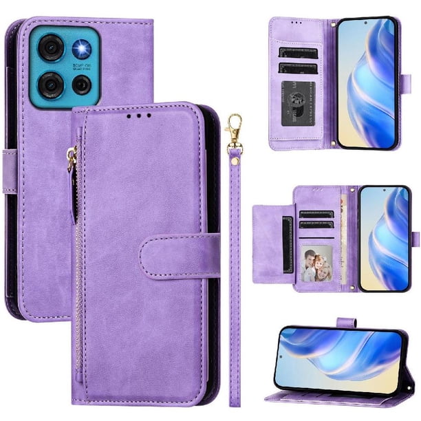 Funda Billetera Cremallera para Motorola MOTO G75 con Porta Tarjetas, Soporte y Correa Morado