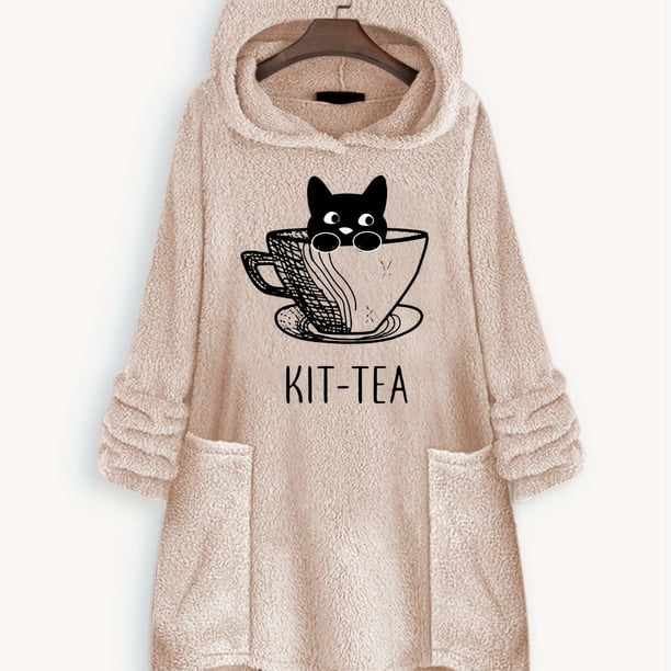 Cat Print Big Pocket Hoodie, Casual Long Sleeve Fleece Hoodies Sweatshirt, Women's Clothing