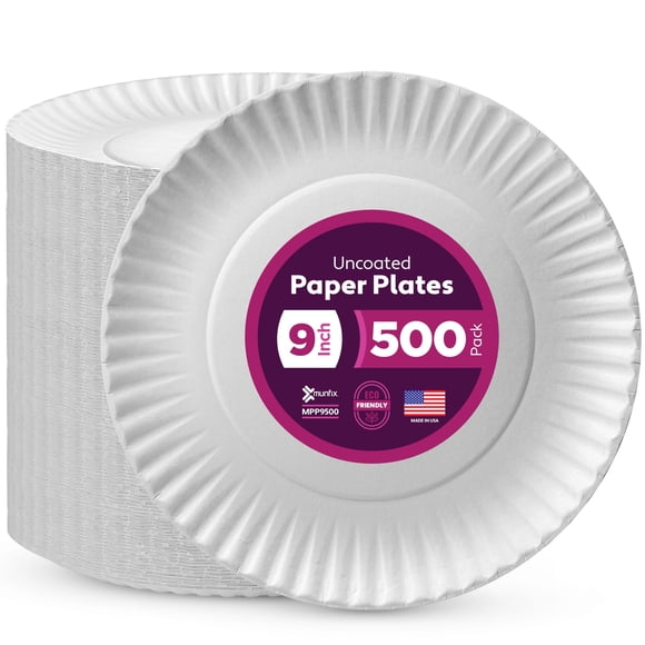Platos de papel Munfix 500, 23 cm, sin estucar, blancos, aptos para microondas