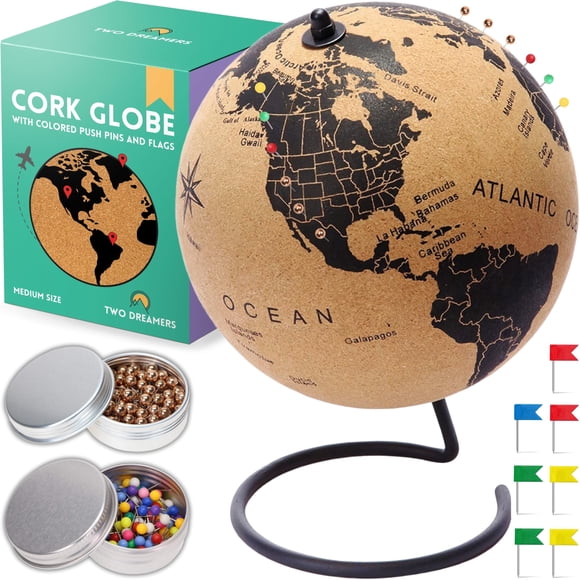Mapa de viaje mundial Cork Globe TWO DREAMERS de 9,9 cm con 80 alfileres