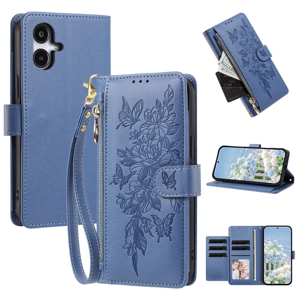 Funda Billetera Floral en Relieve samsung galaxy A07 4G con Tarjetero y Cremallera Azul
