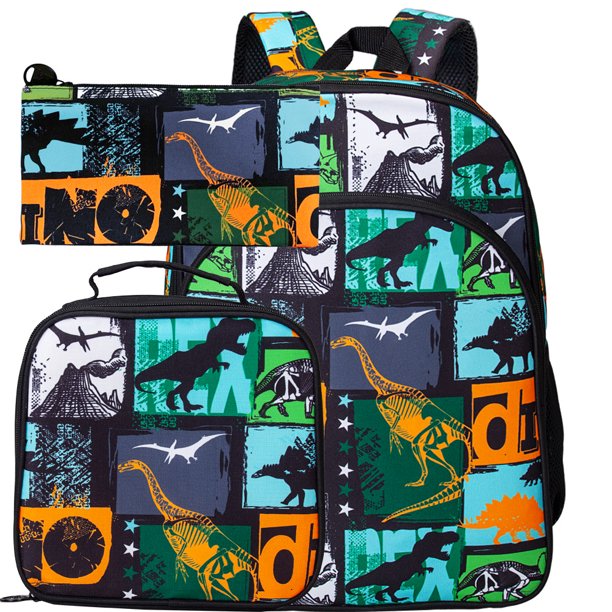 3PCS Dinosaur Backpack for Boys, 16”Kids Bookbag with Lunch Box, School Bag for Elementary Toddler