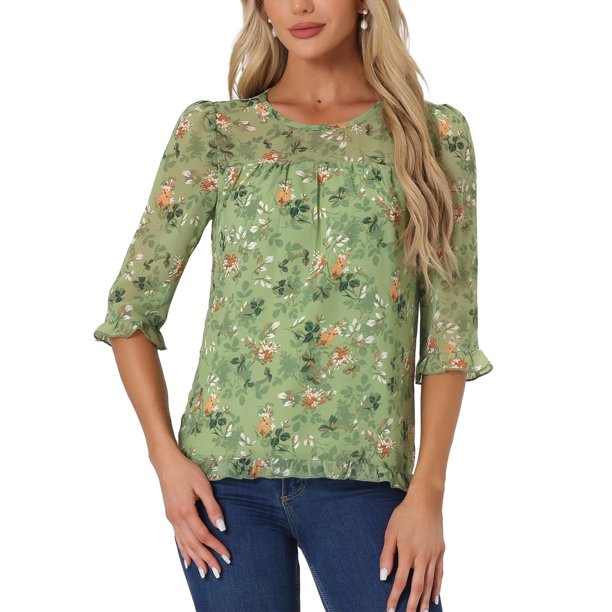 INSPIRE CHIC Camisas de Mujer de Manga 3/4 Blusas de Chifón Floral Verde Hierba S