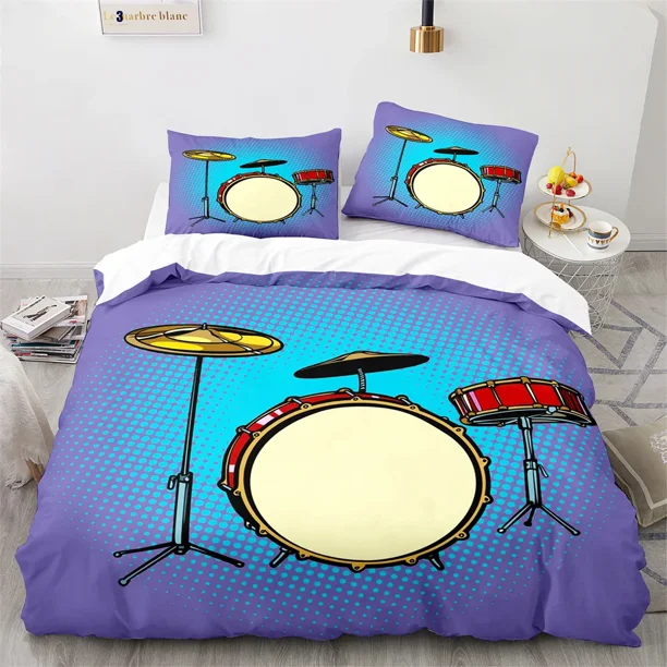 v1857 Bed Sheets Drum Kit King Queen Duvet Cover Rock Musical Style Bedding Set for Kids Teens Adults Hip Hop Grunge /pcs Polyester Quilt Cover 3-Piece Bedding Set (1 Duvet Cover + 2 Pillow Shams) Bed