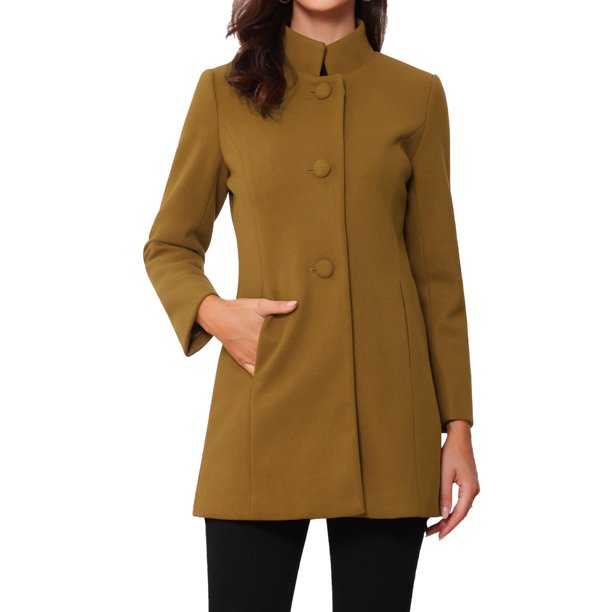 INSPIRE CHIC Abrigo de Mujer de Largo Medio con Cuello Mao, Abotonado, Abrigo de Invierno con Bolsillos Inclinados y Forro Completo Marrón XL