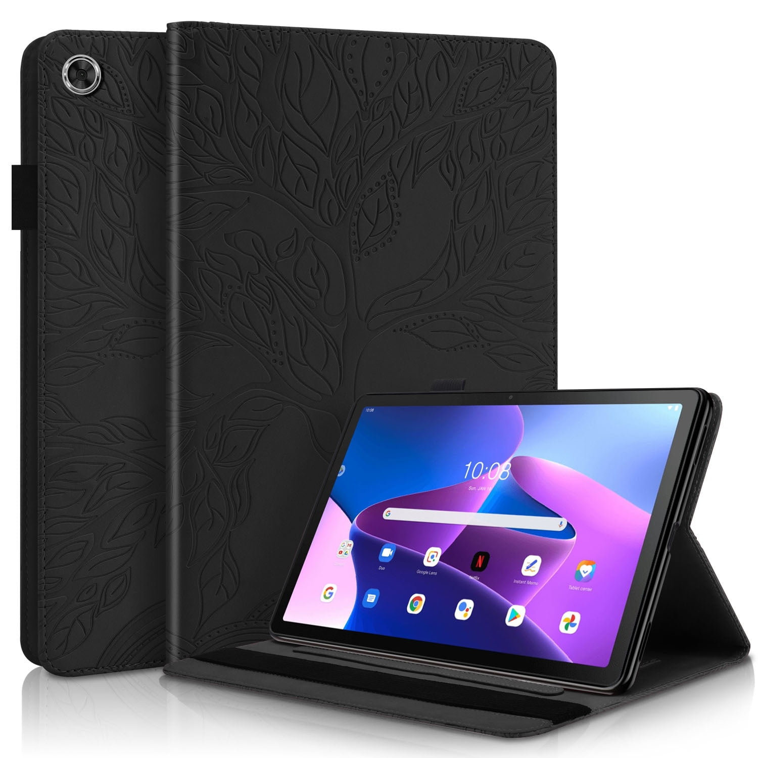 Foxdock - Funda Con Relieve Del Árbol De La Vida Para Tablet Lenovo Tab M10 Plus(3rd Gen) Con Soporte, Ranuras Para Tarjetas Y Soporte Para Lápiz Óptico. Negro