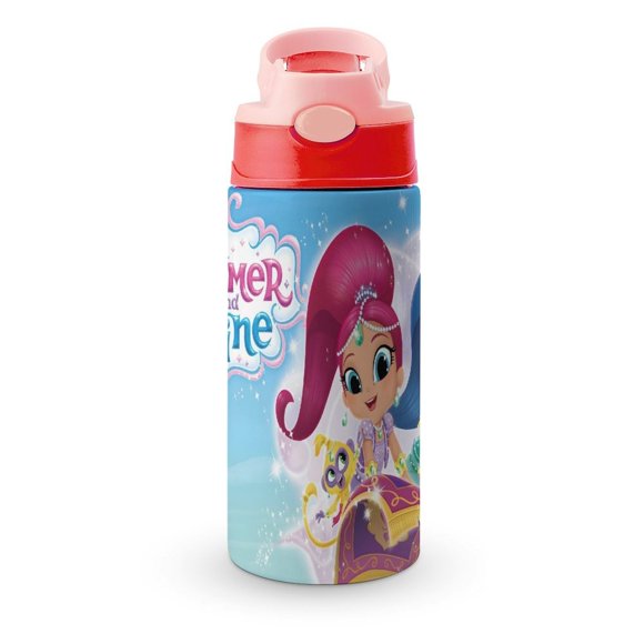 Shimmer y ShineBotella de Agua con Tapa Pop Top de Un Toque, Acero Inoxidable, a Prueba de Fugas, para Deportes, Botella Infantil rosa 12 oz