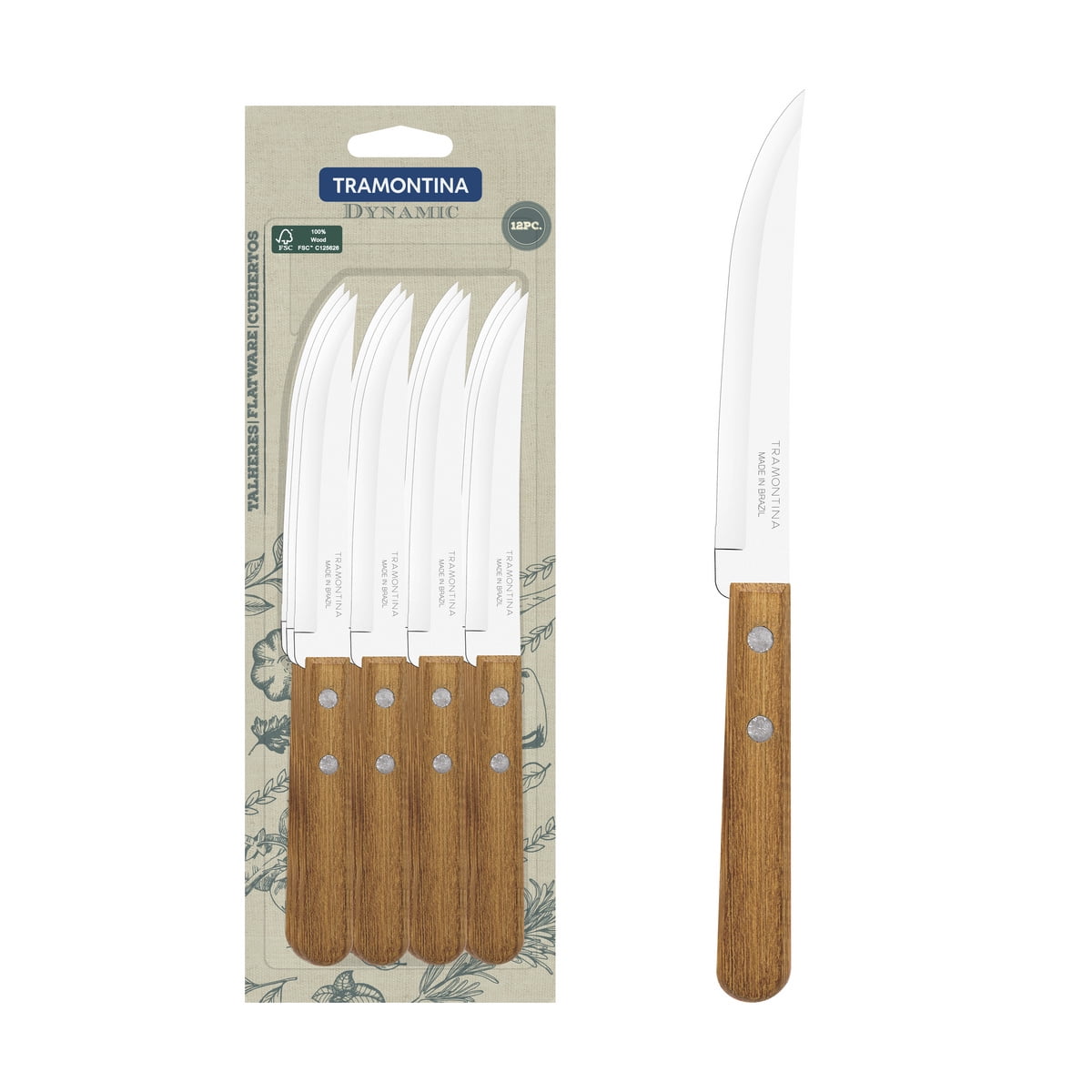 Juego De Cuchillos Para Asado Tramontina Dynamic Con Lámina De Acero Inoxidable Con Hilo Liso Y Mangos De Madera Natural 12 Piezas