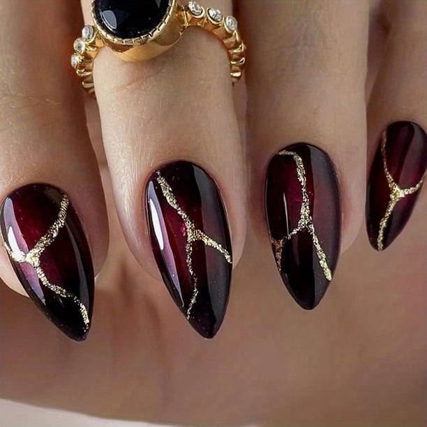 24pcs Glossy Halloween Dark Red Press On Nails with Golden Glitter Design - Medium Length Almond Shape Fake Nails for Women and Girls